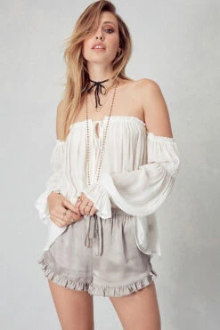 Ruffled Open Shoulder Chiffon Blouse