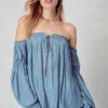 Blue Ruffled Open Shoulder Chiffon Blouse