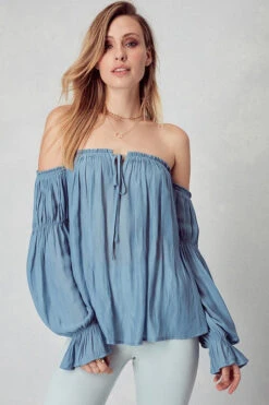 Blue Ruffled Open Shoulder Chiffon Blouse
