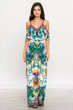 Open Shoulder Tropical Flare Jumpsuit -Hippie Vibe Tribe Shop 6805636 T frontip6334ivory01