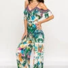 Open Shoulder Tropical Flare Jumpsuit