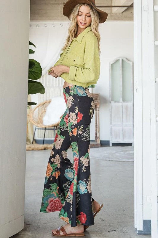 Black Floral Girl Hippie Flare Bell Bottoms 1 Black Floral Girl Hippie Flare Bell Bottoms