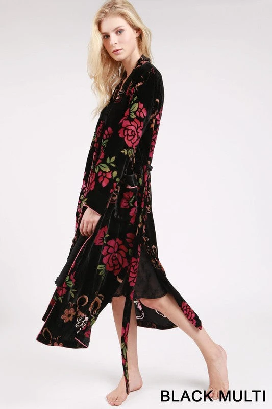 Floral Velvet Long Sleeve Maxi Kimono/Robe Cardigan 3 Floral Velvet Long Sleeve Maxi Kimono/Robe Cardigan - Image 3