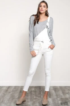 Stretchy Skinny-Fit White Denim Overall