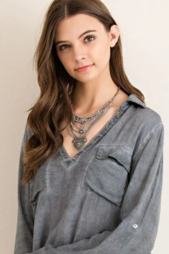 StressedCharcoalLong Sleeve Blouse