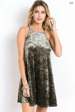 Halter Crushed Velvet Dress -Hippie Vibe Tribe Shop D3014KE D3014KE OLIVE02
