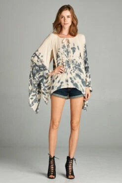 Tie-Dye Acid Wash Blouse Butterfly Sleeves -Hippie Vibe Tribe Shop HT10099 NaturalBlack HT10099NATURALBLACK1F