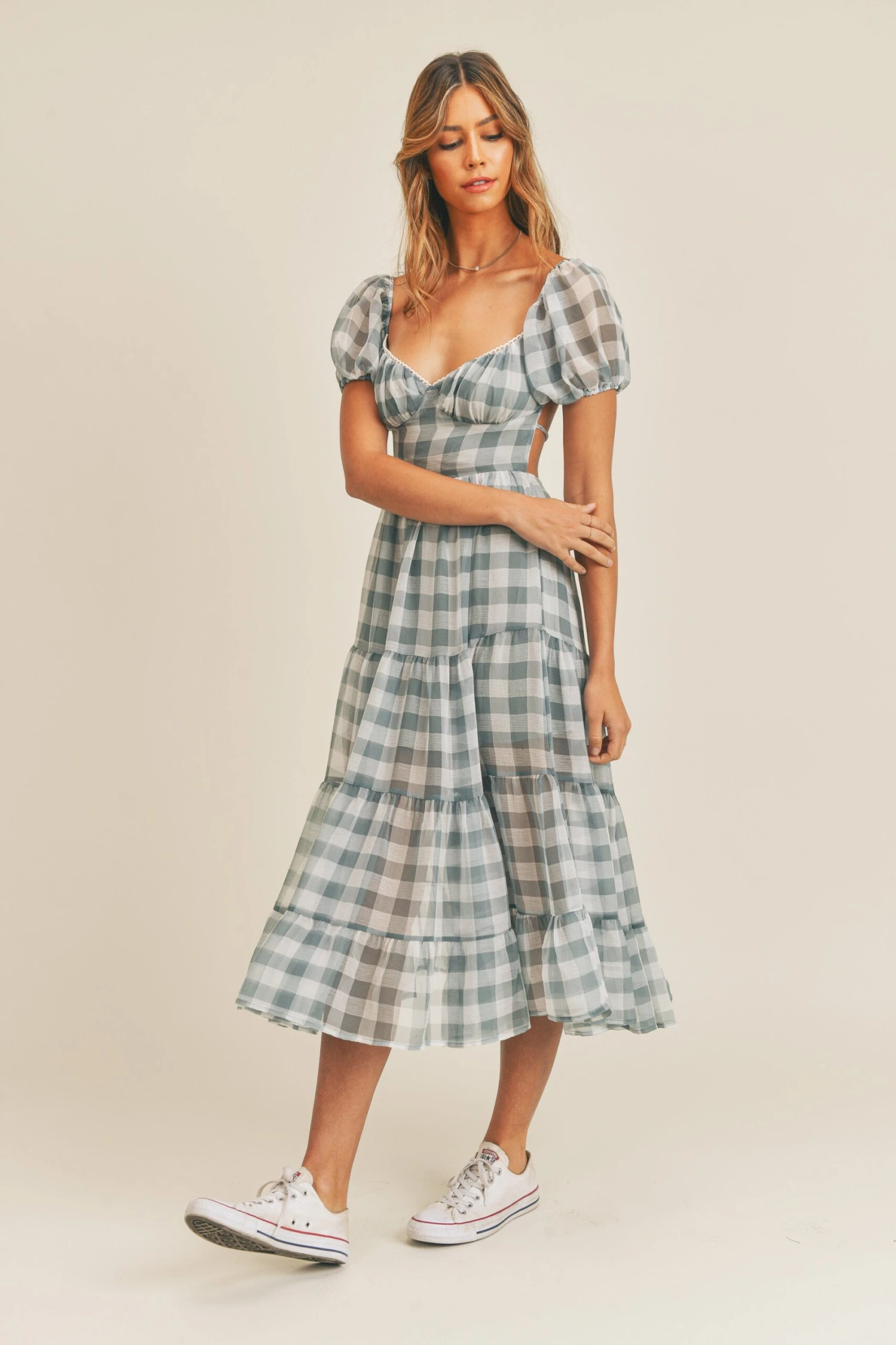Dusty Blue Checker Swing Dress 1 Dusty Blue Checker Swing Dress