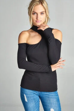 Mock Neck Black Cold Shoulder Top