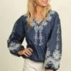 Denim Embroidered Long Sleeve Blouse