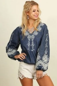 Denim Embroidered Long Sleeve Blouse