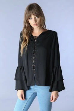 Hippie Lace Up Blouse -Hippie Vibe Tribe Shop Y13062 Y13062 BLACK 1