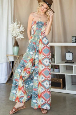 Smocked Aztec Print Jumpsuit -Hippie Vibe Tribe Shop bb4e603c e201 4cd4 8b18 9516021b7fbb