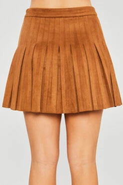 Brown Faux Suede Pleated Skirt
