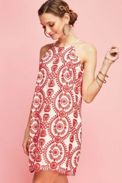 Red Embroidered Halter Dress