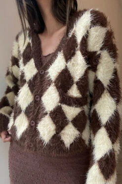 Brown Fuzzy Argyle Cardigan